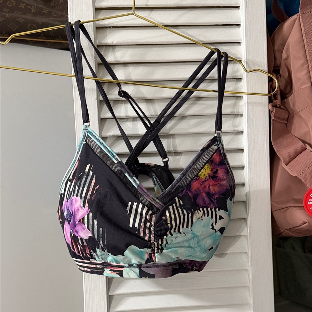 CALIA Floral Strappy bathing suit top - Black with Teal & Purple Medium